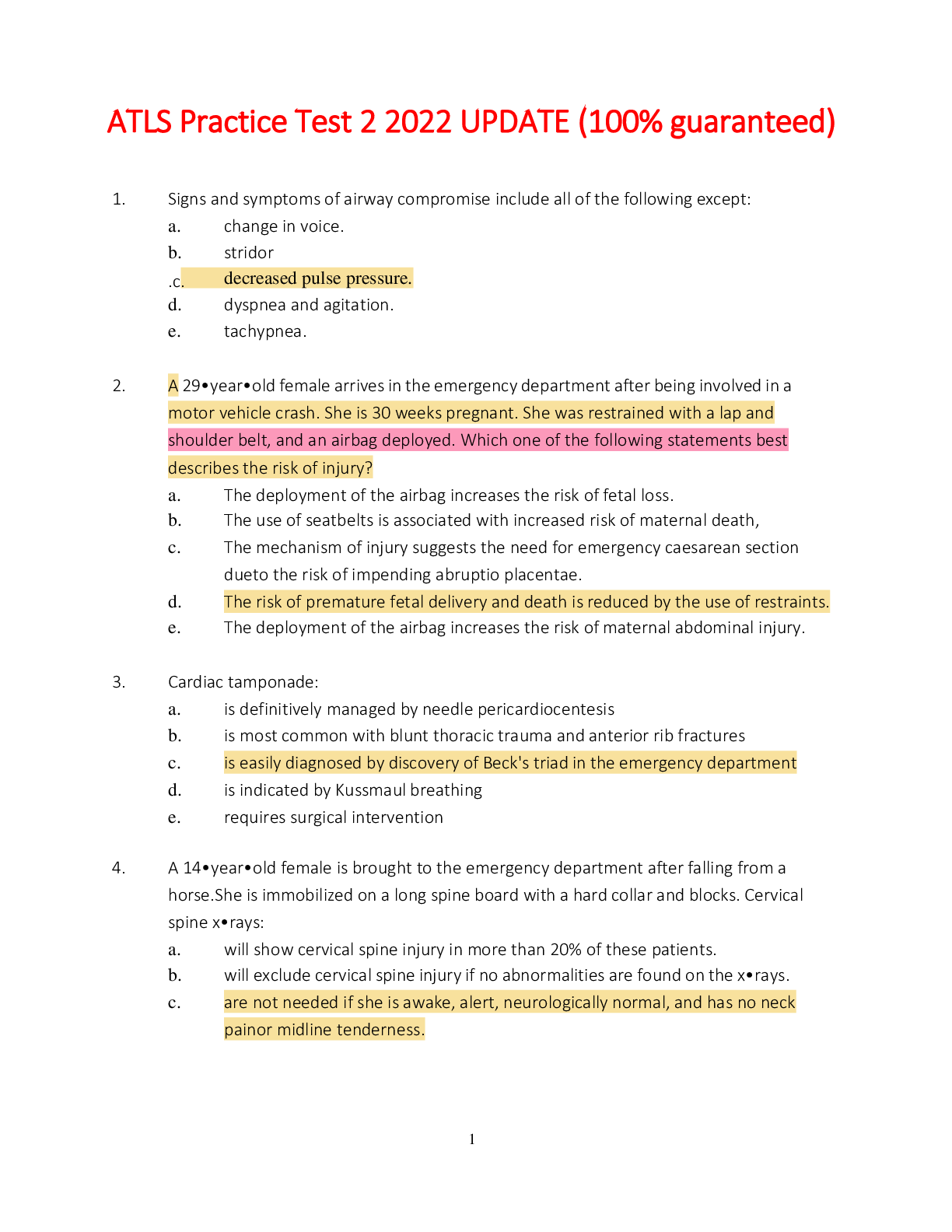 Preview of ATLS 2022 Practice Test 3 Complete Questions & Answers with Rationale